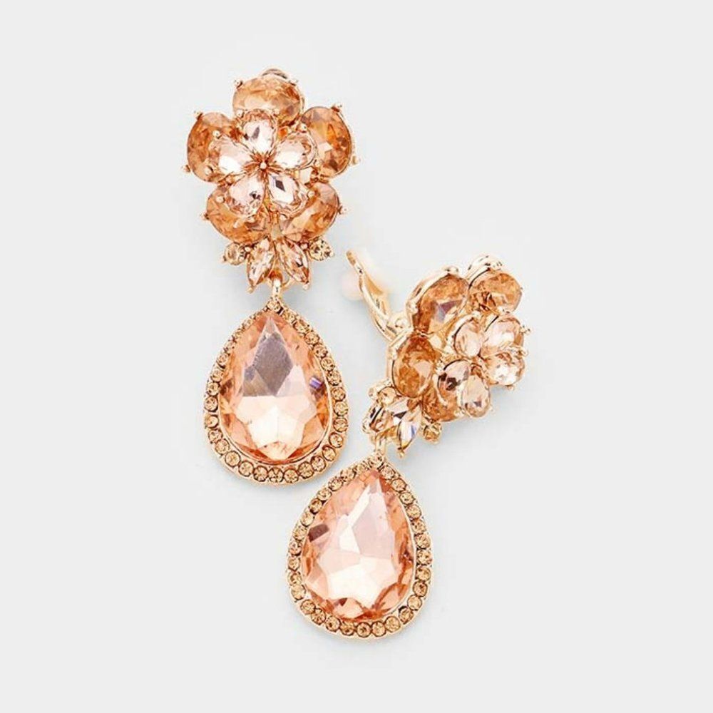Flower Peach Crystal Teardrop Dangle Clip on Earrings  NWT